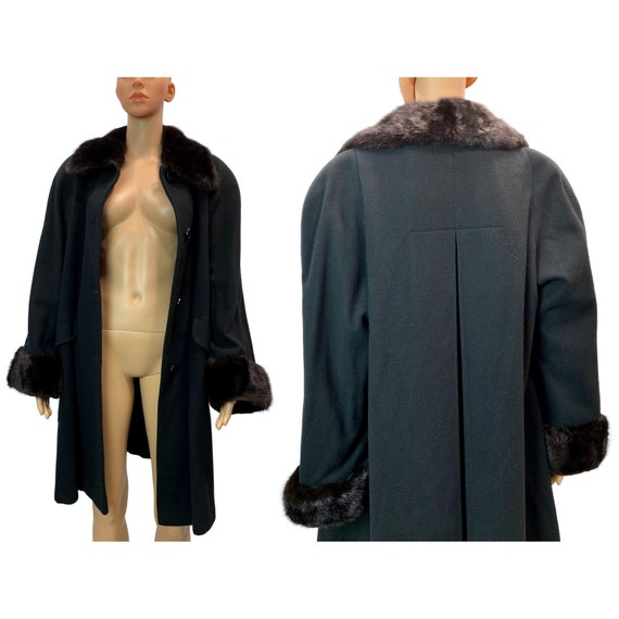 80s Lord & Taylor Black Wool Swing Coat Real MINK… - image 3