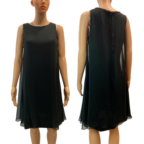 60s Black Chiffon Shift Dress w Rhinestone Trim |… - image 2