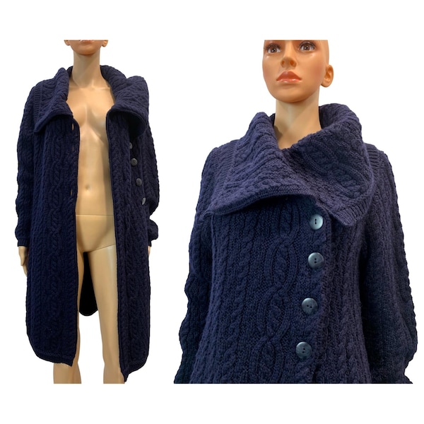 80s 90s Irish Wool Long Cable Knit Cardigan Sweater Coat | Navy Blue
