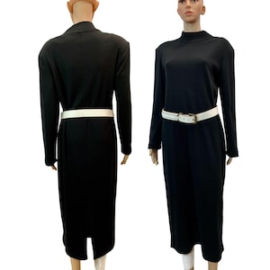80s Long Sleeve Mock Neck Knit Midi Dress | Black Minimalist Dress | S/M