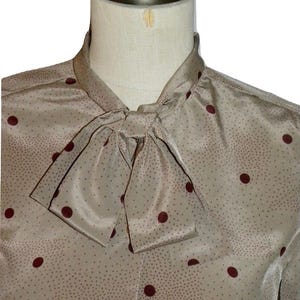 70's Taupe & Burgundy Polka Dot Bow Blouse | XS SMALL