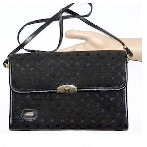 70er Jahre Schwarze Pierre Cardin Jacquard & Leder Monogramm CLUTCH Umhängetasche