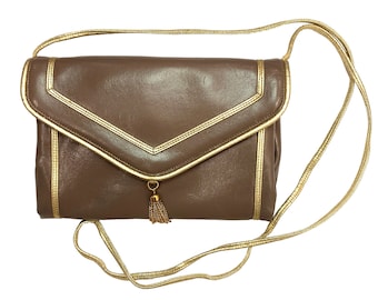 70s 80s Lou Taylor Taupe & Gold Shoulder Bag | Small Envelope Bag w Swivel Mirror | 8" w x 5.5" h x 2.5" d