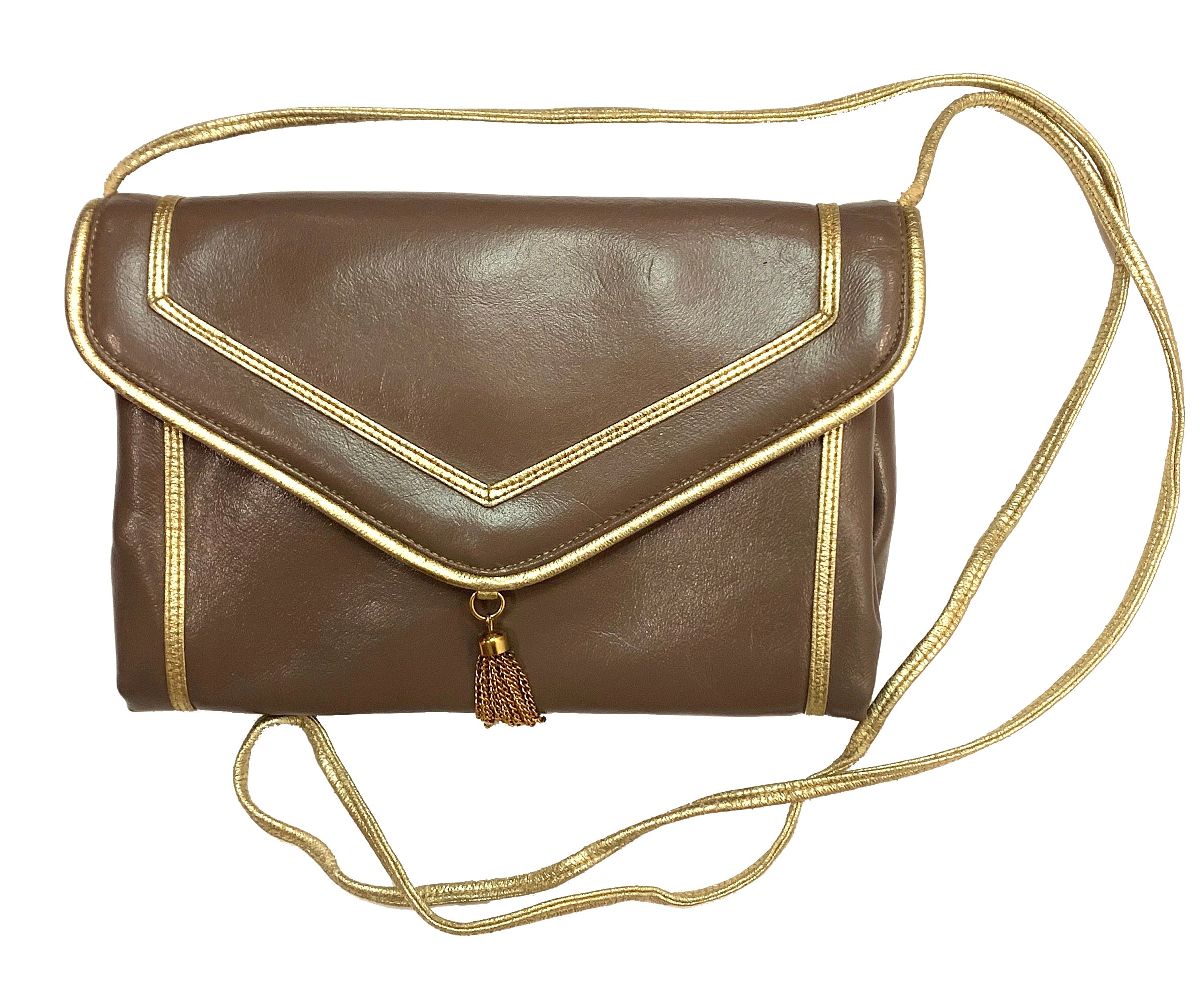 70s 80s Lou Taylor Taupe & Gold Shoulder Bag Small Envelope -  Norway