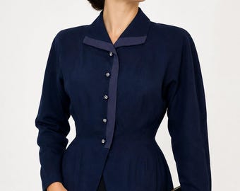 1940s Blue Gabardine Jacket Rhinestone Buttons Grosgrain Trim Fitted Peplum XS S