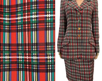 Vintage David Hayes Silk Plaid Skirt Suit – 80s Red Tartan Power Suit Designer Blazer & Pencil Skirt