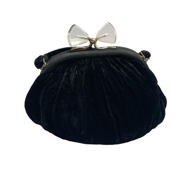 Vintage 50s 60s Small Black Velvet Evening Bag w Lucite Bow Clasp