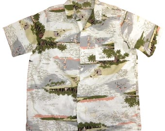 Camisa hawaiana vintage de los años 80 / Estampado de islas caribeñas con escenas de playa / Pecho de 122 cm