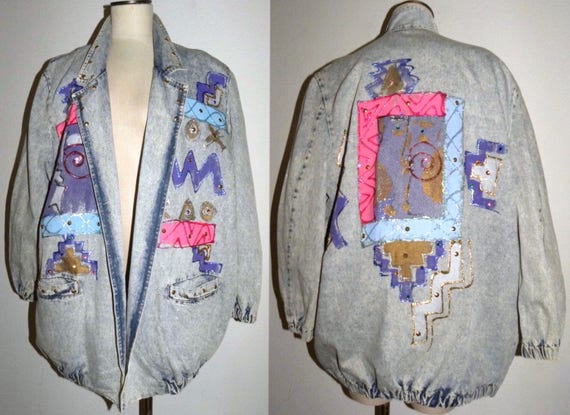 Vintage 80s 90s ACID Wash Denim Jacket / Painted S