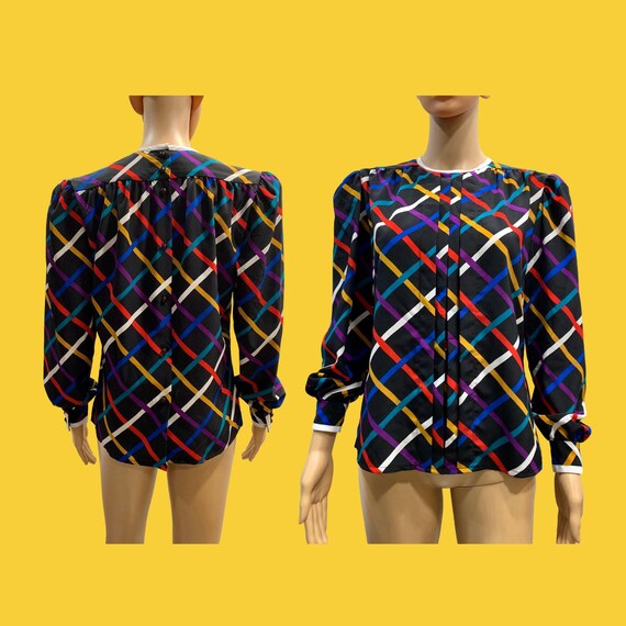 80s 90s Albert Nipon Colorful Grid Pattern Blouse… - image 9