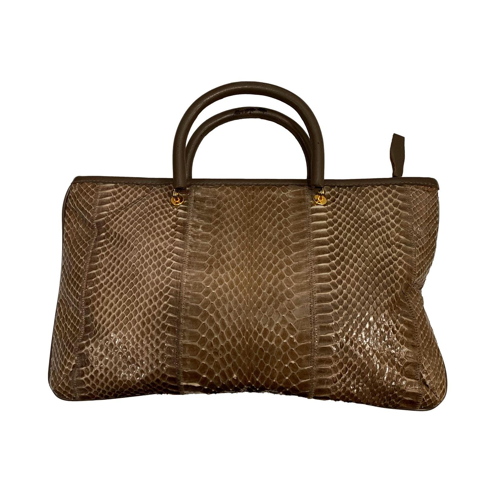 70s Chic Taupe Rectangular Snakeskin Top Handle Bag | 12.5 x 8 x 2"
