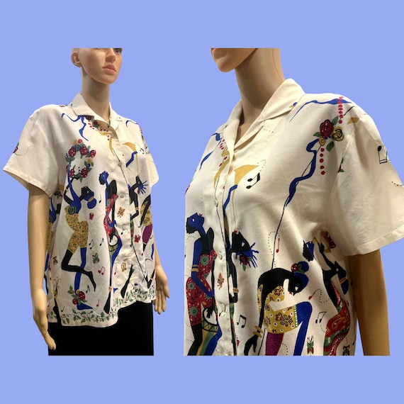80s Rayon Shirt Colorful African Dancers Print | W