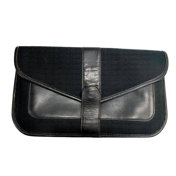 70s Pierre Cardin Black Leather & Signature Fabric Clutch Bag | Large Envelope | 14" x 8"