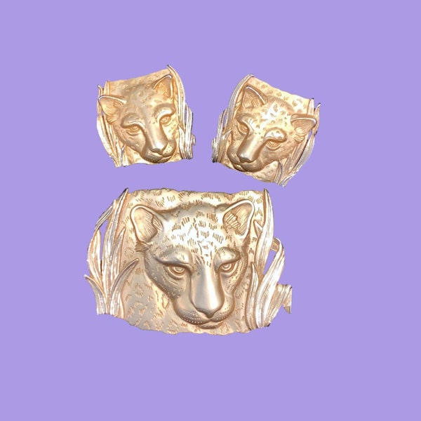 80s Park Lane Leopard Brooch or Pendant & Earrings Set LARGE Gold Tone Jewelry