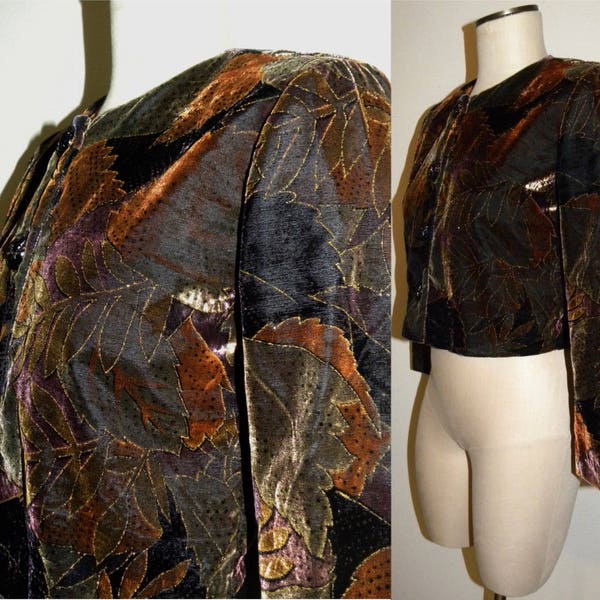 80s Painted Velvet Crop Jacket | Fitted Metallic GYPSY Cropped Blazer Top | Fits S Petite