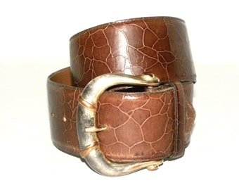 1980s 80s Super Wide LEATHER Belt / Ellen Tracy Italian Calfskin CROC ALLIGATOR Stamp / Huge Buckle / Vintage size M
