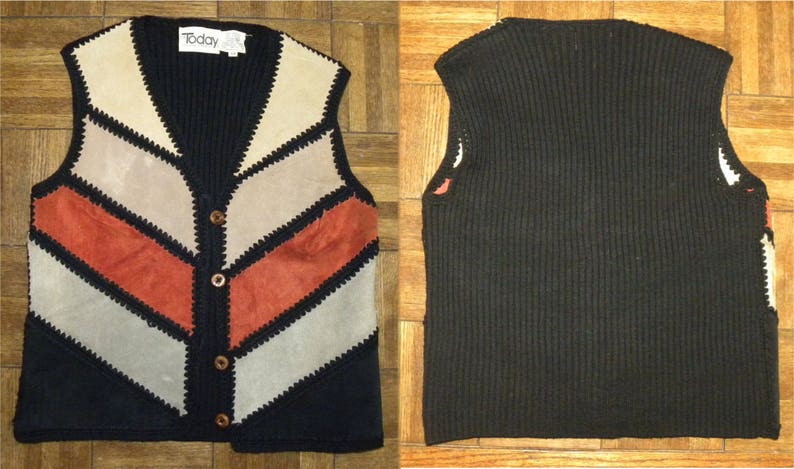 Vintage 1970s 70s SUEDE /& Knit Chevron Vest Hippie Boho Suede Leather Festival Bohemian