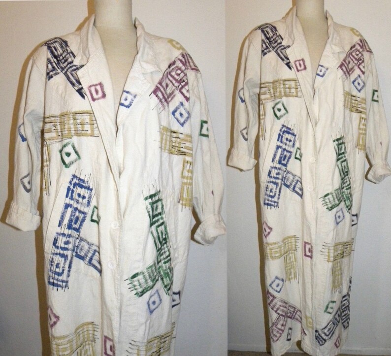 90s Hand Painted Cotton Coat Boho Oversized Duster Art to Wear 1990s OS image 3