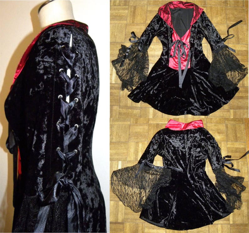Fits SmM Vintage 90s Goth Mini Dress Black /& Red Crushed Velvet LACE Bell Sleeves