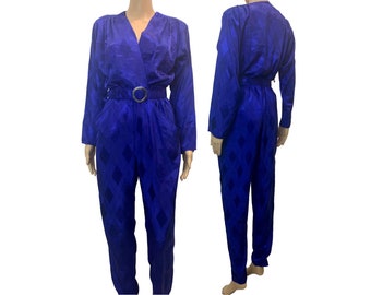 70er 80er Slinky Royal Blue Jumpsuit Diamond Jacquard | Der ganze Jazz | S