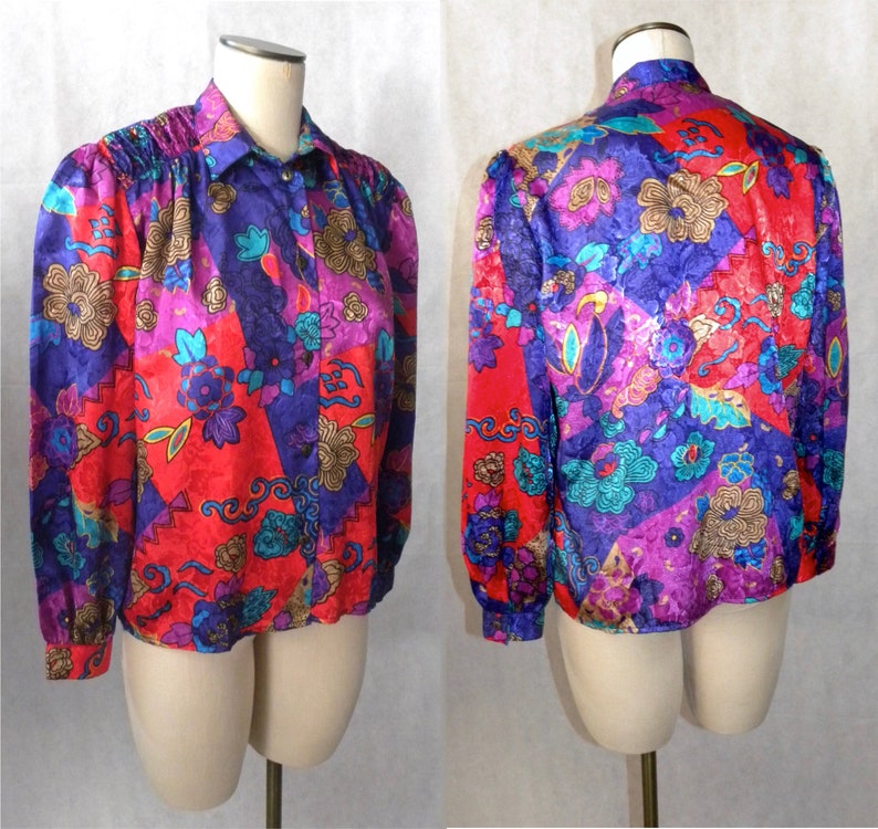 Vintage 80/'s Silky Blouse Baroque Jewel Tones RED Purple Fits S