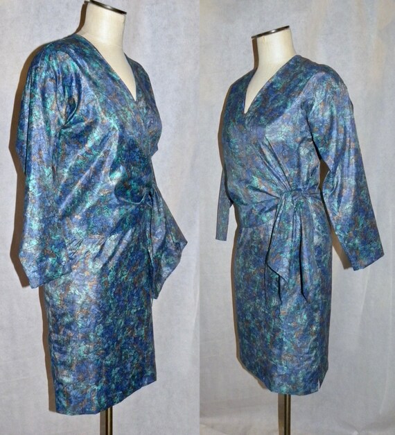 Vintage 60s Faux Wrap Dress | Mid Century Blue Gr… - image 3