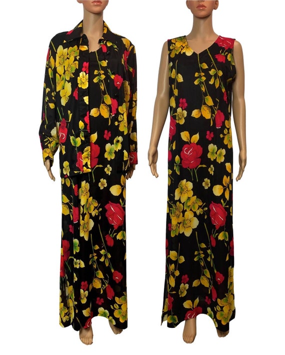 70s Maxi Dress & Shirt Jacket Set | Black w Red Y… - image 2