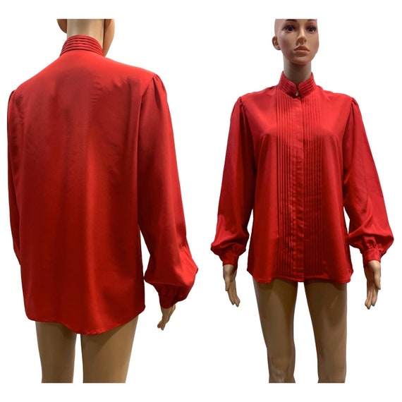 70s Red High Collar Secretary Blouse with Pleats … - image 1