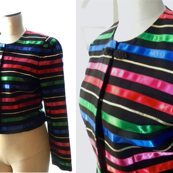 90s Jacqueline Ferrar Multicolor RIBBON Cropped Jacket |  Striped Colorful Jacket | 8 Petite SMALL