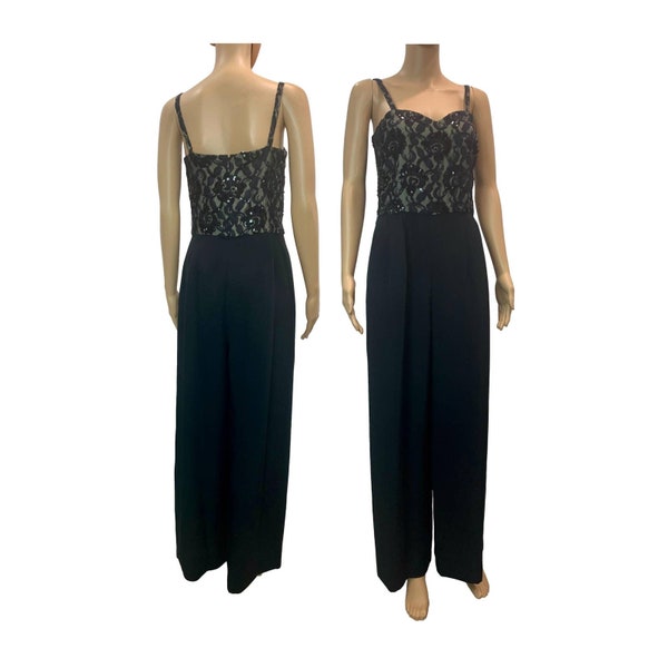 80s Nolan Miller Black Jumpsuit w Lace Beads and Sequins | XSmall