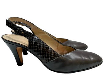 Vintage Ferragamo Dark Gray Leather & Snakeskin Sling Backs | 6