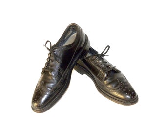 60s O'Sullivan Black Leather Wingtip Oxford Shoes | Vintage Brogues Oxfords | Men's 11.5 B