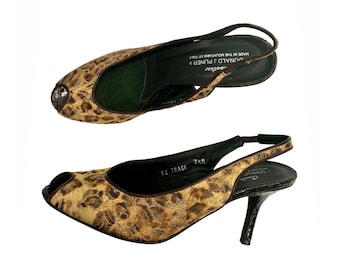 90s Donald Pliner Leopard Print Slingback Heels | Rockabilly Peep Toe 7.5 M