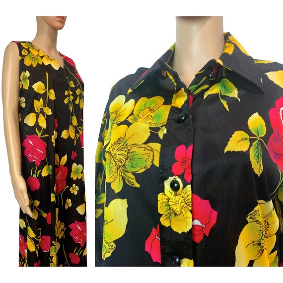 70s Maxi Dress & Shirt Jacket Set | Black w Red Y… - image 10