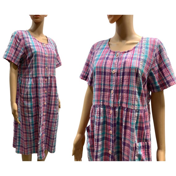 80s Pink Madras Plaid Seersucker Oversized Short … - image 2