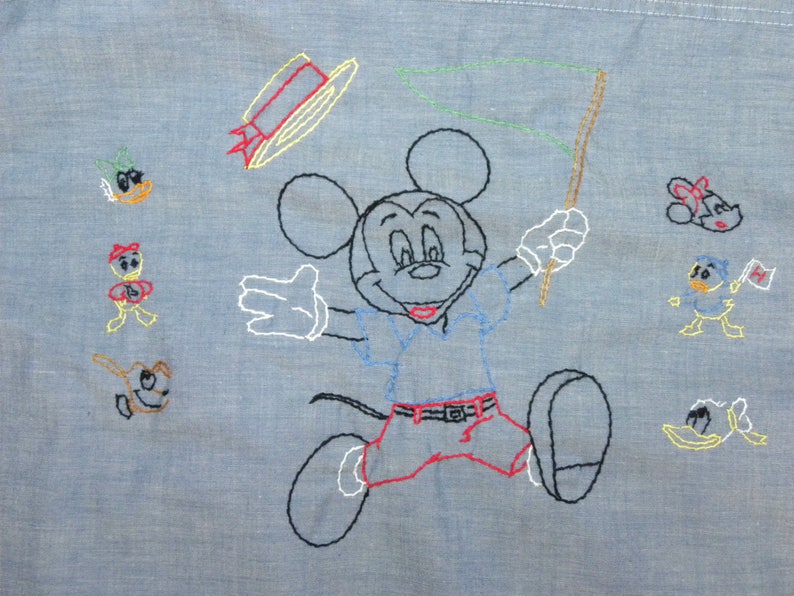 1970s 70s Embroidered Mickey Mouse Boyfriend Shirt Hand Embroidered Big Mac Chambray Work Shirt Disney Characters 40 chest