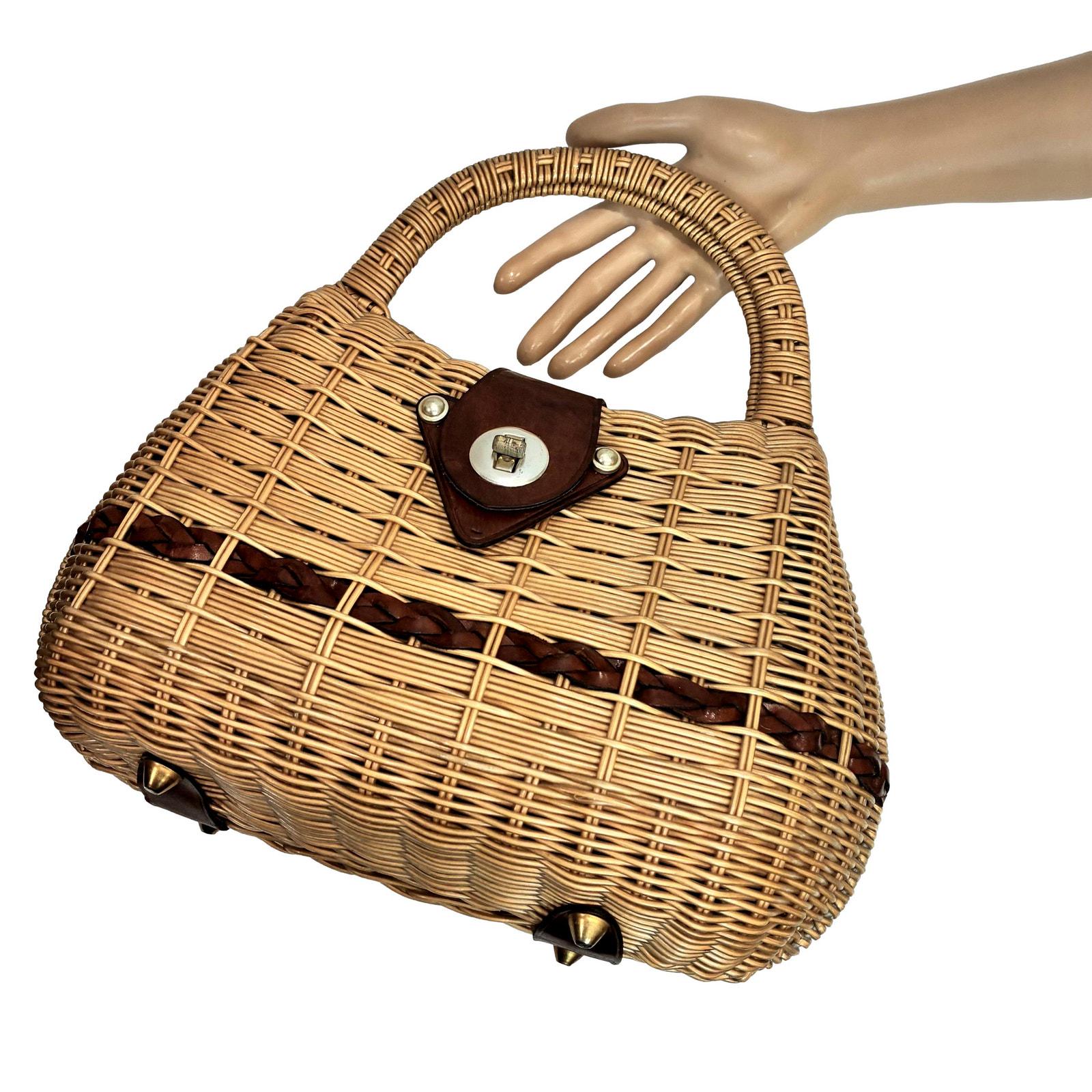 Vintage 60s Hong Kong Wicker Basket Handbag Brown Leather Top