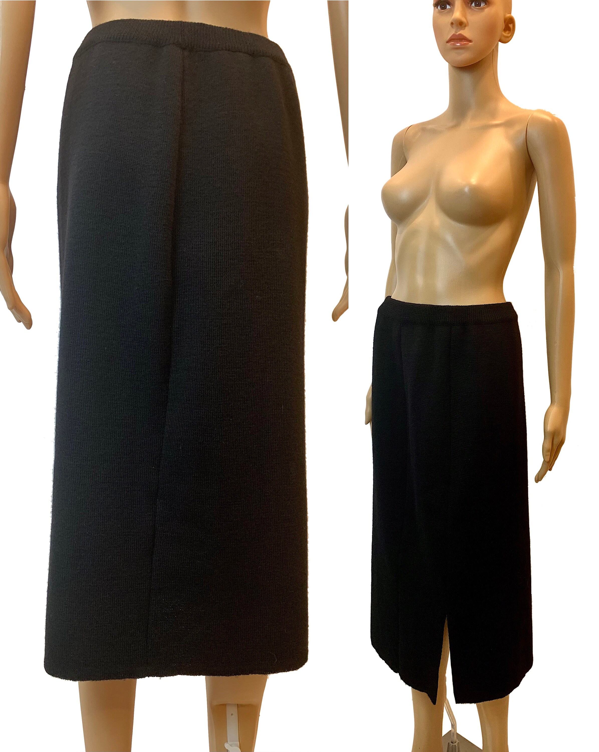 90s Y2K Carine Paris Black Knit Midi Skirt Made France French Luxury Front Slit Wool Skirt Fits S M Etsy