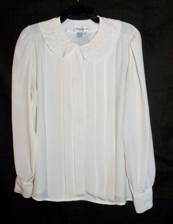 80s Ivory Tuxedo Pleat Blouse | Beaded Peter Pan … - image 1