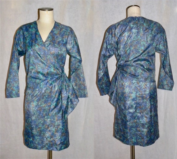 Vintage 60s Faux Wrap Dress | Mid Century Blue Gr… - image 2