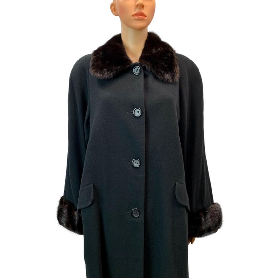 80s Lord & Taylor Black Wool Swing Coat Real MINK… - image 4