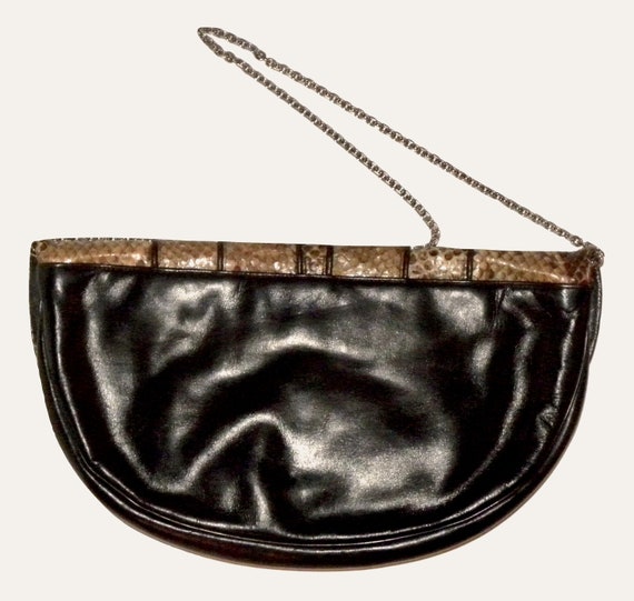 70s 80s Leather & Snakeskin Shoulder Bag | Large … - image 8