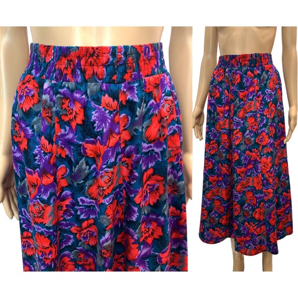 Vintage 80s Purple & Red Floral Rayon Midi Skirt | Flowy Full Skirt | Small