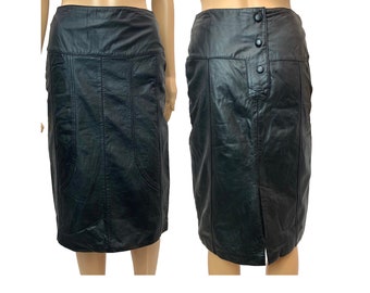 80s Black Leather Pencil Skirt Wide Corset Waistband | Panel Construction | Vintage Size 8  W 27"