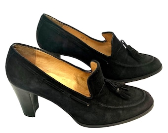 Vintage Black Kid Suede Pumps Tassel Block Heel | Handmade Luxe | Women 6.5