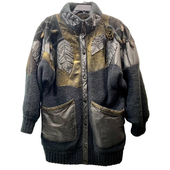 80s Avant Gardé Sweater Coat w Leather & Suede | … - image 8