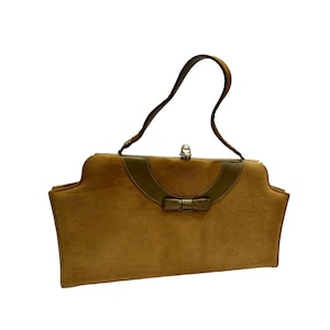 Bolso de mano con asa superior de gamuza para niños color caramelo MOD Life Stride de los años 60 con lazo / 13,5" x 6,5" x 2,75"