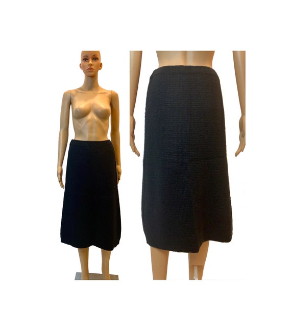 70s 80s Black Knit Below Knee Midi Skirt | Textur… - image 1
