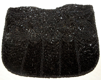 80s does 40s Black Beaded Silk Evening Bag | Small Clutch with Glass Beads