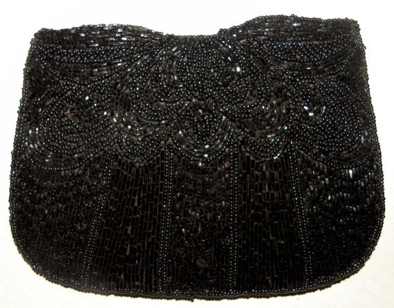 80s does 40s Black Beaded Silk Evening Bag | Smal… - image 1